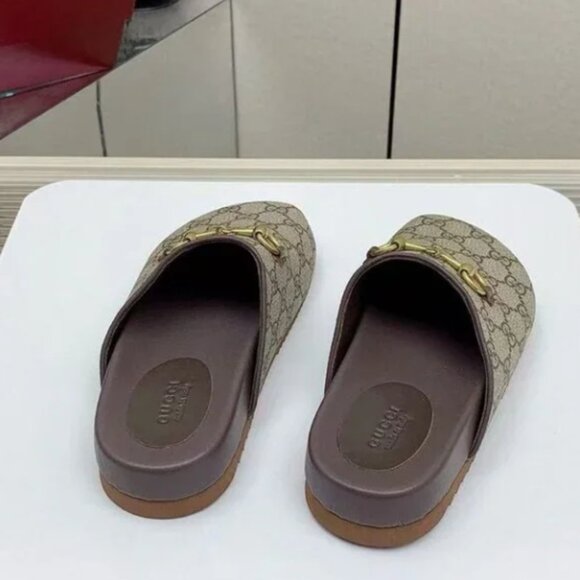 Gucci Brown Monogram Slides with Gold Accent - Picture 2 of 5
